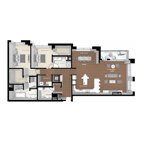 Floor plan for 2 beds, 2.5 baths, 2162 sqft